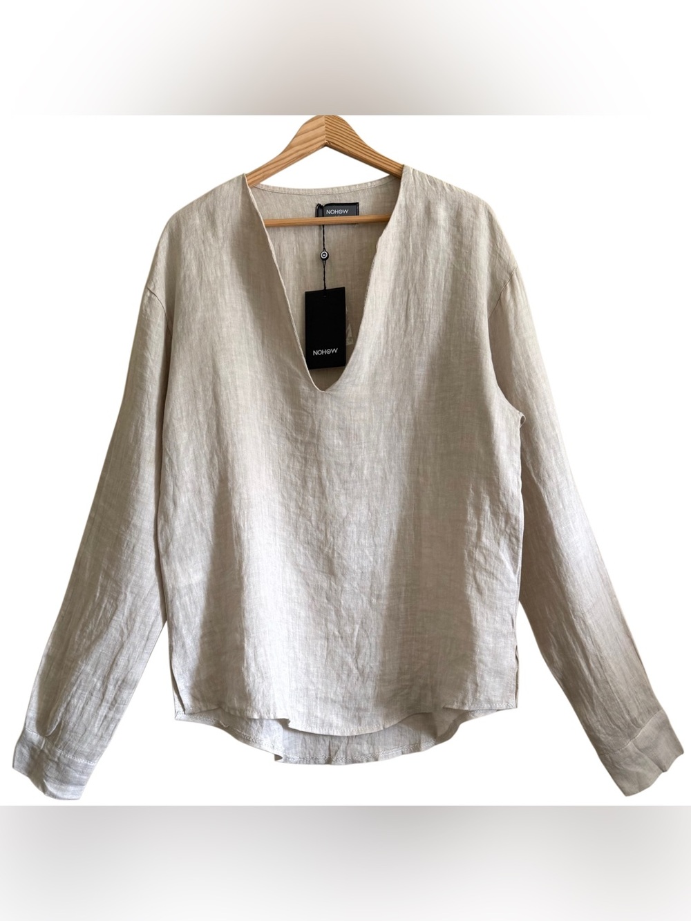 NOHOW Men’s 100% Linen Minimalist Neutral Longsleeve Eros V-Neck Shirt Sz M NWT